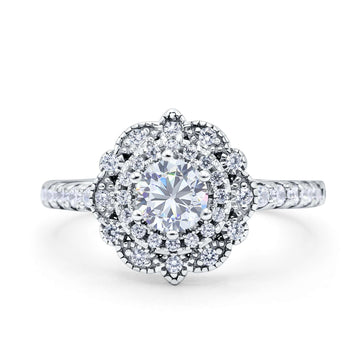 Vintage Style Solitaire Accent Wedding Ring Round Simulated Cubic Zirconia 925 Sterling Silver